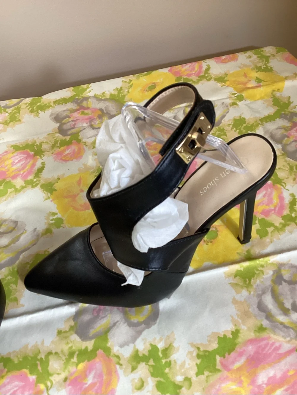 Queen Shoes Black Faux Leather Cutout Slingback Pumps Size 8.5 Pointed Toe
